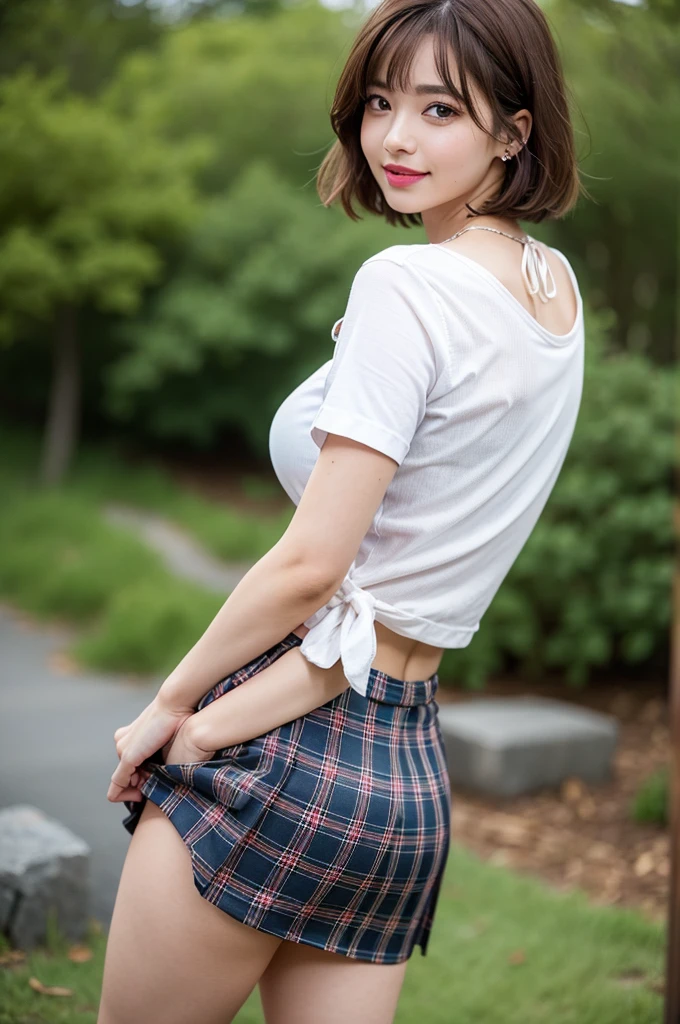 nsfw, 8K raw photo, Best quality, masterpiece, ultra high res, film grain, filmg, 1girl, looking at viewer, natural skin texture, realistic eye and face details, full lips, lipstick, (makeup), red eyeshadow, fluffy short hair, messy hair, smile, close mouth, beautiful legs, tall female, skinny, slim_legs, solo, enormous breast, cleavage, Pose with buttocks facing you, ultra short skirt, ass, shirt, beautiful nature location, around flower location, (detailed background), plaid skirt, white shirt, enormous breast, cleavage, Show a little cleavage through the shirt, loafers, blurry background, blurry, holding, plaid, short sleeves, jk ribbon on the neck, jk ribbon, brown hair, bracelet, water, bangs, , jewelry, parted lips, lips, from side, pleated skirt, depth of field