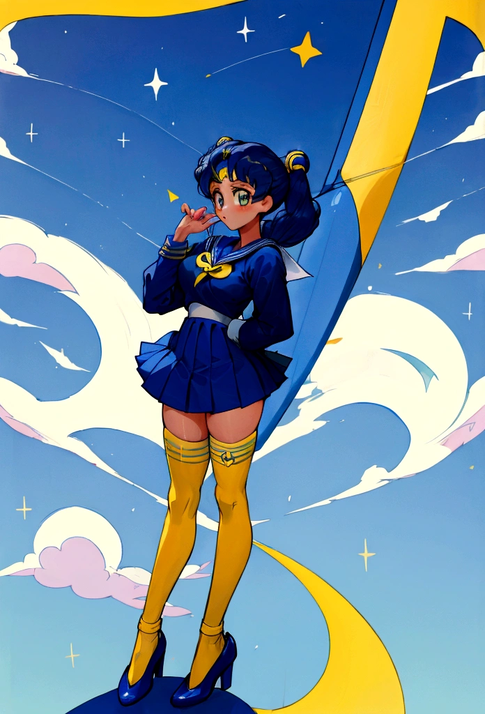Serena Tsukino, kiko sailor suit, sailormoon dark blue sailor suit, sailor suit long sleeve shirt, dark blue miniskirt, long yellow stockings, knee high stockings, white shoes heels