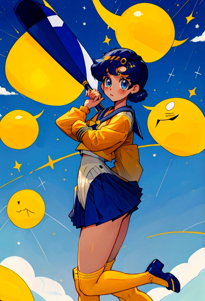 Serena Tsukino, kiko sailor suit, sailormoon dark blue sailor suit, sailor suit long sleeve shirt, dark blue miniskirt, long yellow stockings, knee high stockings, white shoes heels