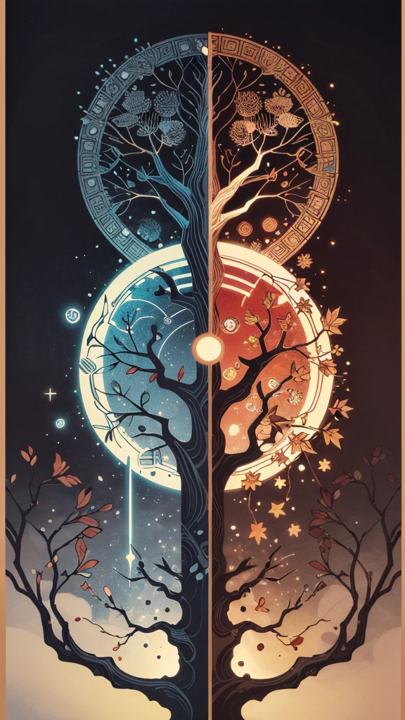 circular tree,four seasons,spring,summer,autumn,winter,leaves,roots,branches,trunk,ornate border,decorative,digital illustration,artwork,movement,time,swirling background,dark background,vibrant colors,natural,life cycle,growth,change,nature,life,peace,harmony,spirituality,symbolism,digital art,illustration,painting,graphic design,art,design,digital media,online art,visual art,fine art,fantasy