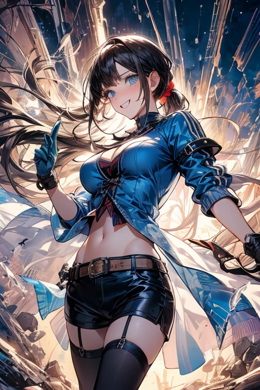 (dynamic angle:1.3, front view:1.1, breast focus:1.3, from below:1.1), (dynamic posing:1.2, sexy posing:1.2), (seductive smiling:1.3), highest quality、(real、photorealistic:1.4),(ultra high resolution, 8K RAW photo, clear focus), best qualtiy, natural lighting, field depth, (Bright pupils, detailed beautiful blue eyes, high detailed face), (tight focus:1.2), a girl 28yo old, Thicc, thin breast, long hair, blue eyes,garter stocking, cleavage:1.2, midriff, black shorts, black thighhighs, thigh strap, pretty girl, (highly detailed beautiful face and eyes,firm breasts),real skin,((black,hair,long pony tail hair)),thin pubic hair,cute,lovely, detailed eyes,(double breasted:1.0,under bust:1.0),(with sparkling eyes and a contagious smile),soft open mouth, Looking at Viewer,