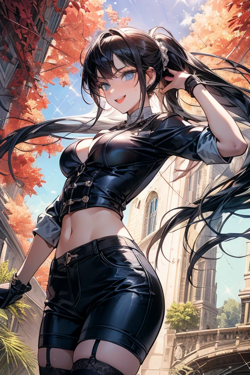 (dynamic angle:1.3, front view:1.1, breast focus:1.3, from below:1.1), (dynamic posing:1.2, sexy posing:1.2), (seductive smiling:1.3), highest quality、(real、photorealistic:1.4),(ultra high resolution, 8K RAW photo, clear focus), best qualtiy, natural lighting, field depth, (Bright pupils, detailed beautiful blue eyes, high detailed face), (tight focus:1.2), a girl 28yo old, Thicc, thin breast, long hair, blue eyes,garter stocking, cleavage:1.2, midriff, black shorts, black thighhighs, thigh strap, pretty girl, (highly detailed beautiful face and eyes,firm breasts),real skin,((black,hair,long pony tail hair)),thin pubic hair,cute,lovely, detailed eyes,(double breasted:1.0,under bust:1.0),(with sparkling eyes and a contagious smile),soft open mouth, Looking at Viewer,