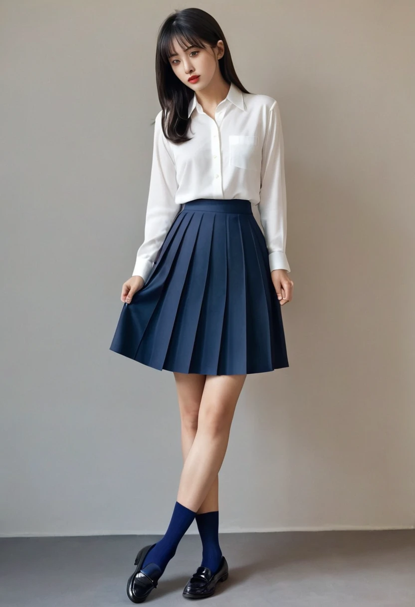 White blouse，Navy blue pleated skirt，whole body，Navy blue socks，loafers