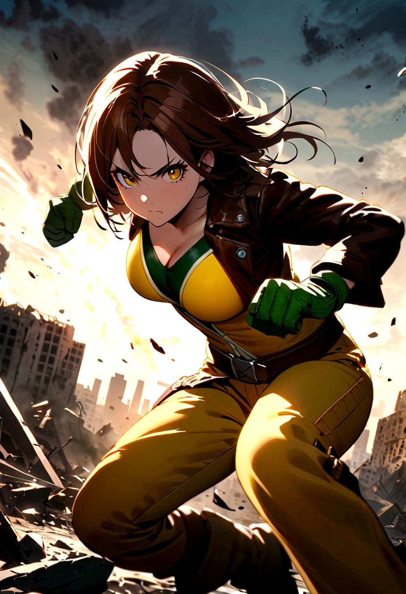 Draw the Vampire character (rogue) two X-men. She has brown hair with a white streak highlighted in the front.. He is wearing a brown leather jacket over a green and yellow uniform., with green gloves and yellow boots. Rogue is in a dynamic action pose, Displaying Your Strength and Confidence, with a determined expression on the face. The surrounding scenery must be a destroyed cityscape, as if after an intense battle, with wreckage and rubble scattered across the ground."