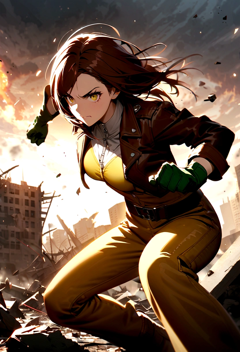 Draw the Vampire character (rogue) two X-men. She has brown hair with a white streak highlighted in the front.. He is wearing a brown leather jacket over a green and yellow uniform., with green gloves and yellow boots. Rogue is in a dynamic action pose, Displaying Your Strength and Confidence, with a determined expression on the face. The surrounding scenery must be a destroyed cityscape, as if after an intense battle, with wreckage and rubble scattered across the ground."