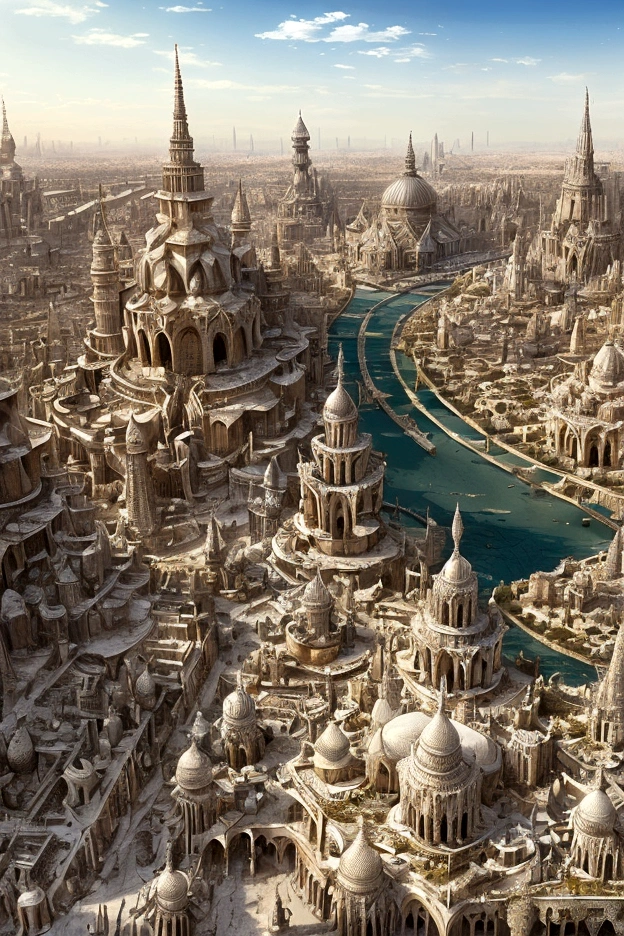 In the heart of the desert, ancient whispers echo through the gleaming spires of a white city that defies time. The city is filled with beautiful intricate and interconnected canals and a lush vegetation, closeup view.
