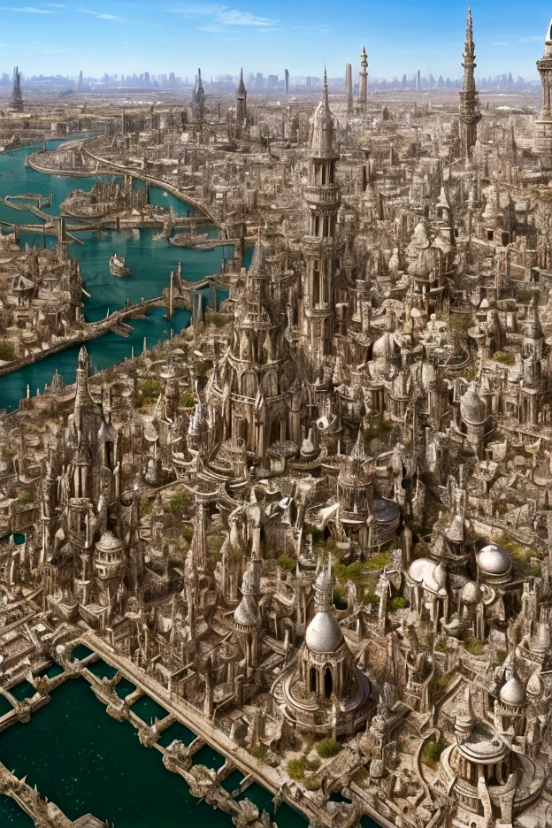 In the heart of the desert, ancient whispers echo through the gleaming spires of a white city that defies time. The city is filled with beautiful intricate and interconnected canals and a lush vegetation, closeup view.