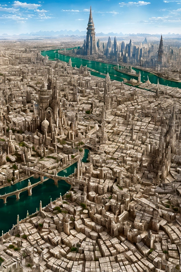 In the heart of the desert, ancient whispers echo through the gleaming spires of a white city that defies time. The city is filled with beautiful intricate and interconnected canals and a lush vegetation, closeup view.