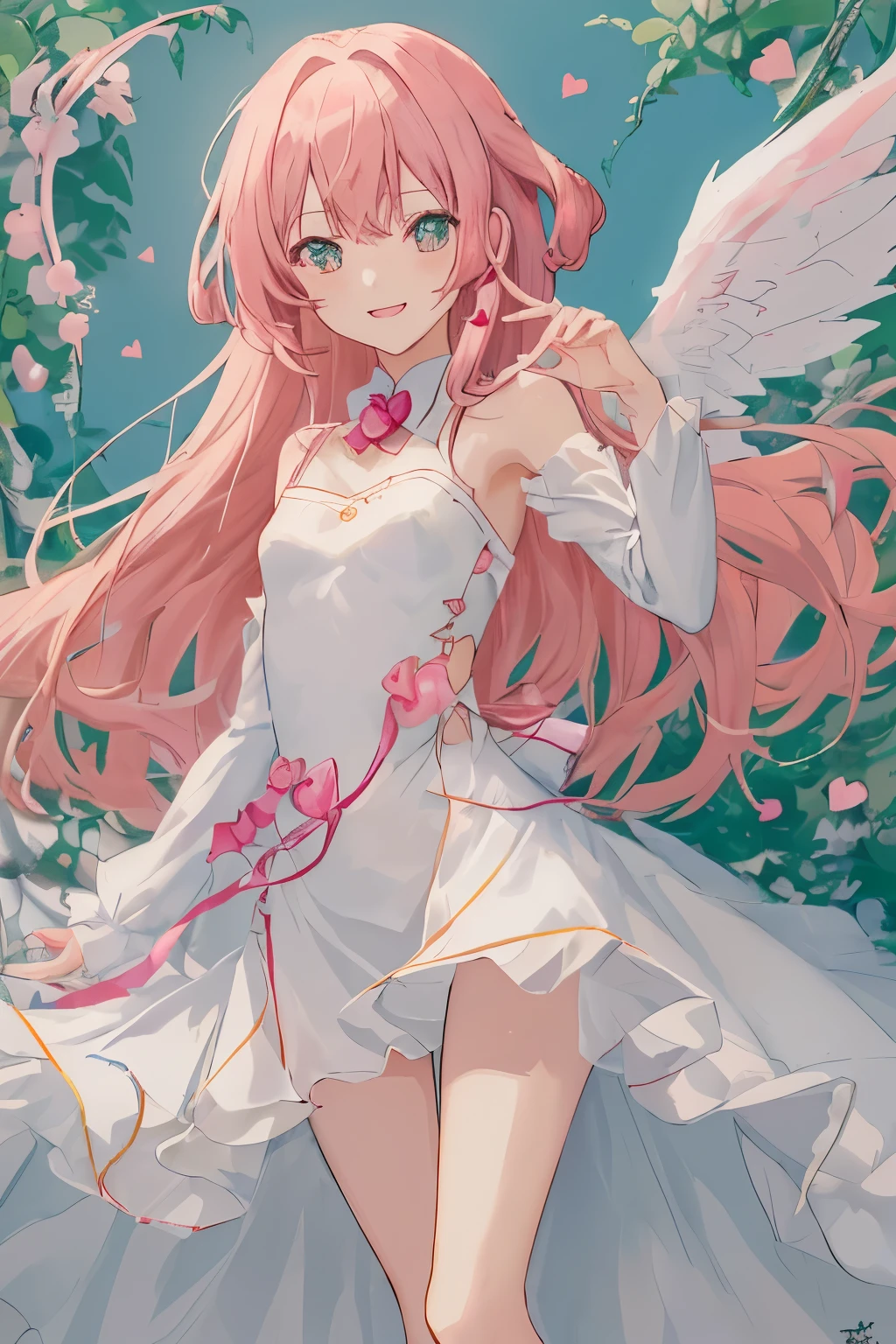 1_girl, (anime, kawai:2), (masterpeice, best_quality, simple, cute, dreamy, vibrant, clean:1.5), (cute, cute_smile, young:1.8), (delicate, beautiful, thin:1.5), (girlfriend, angel:1.6), (green_eyes, simple_eyes:1.5) (long_hair, blond_hair, wearing_pink_dress, pink_angel_wings, sexy_gloves:1.5), extremely_delicate, (love_magic:1.5), (age_size_fits_body), (small_thighs:1.3), (breasts), (eye_level:1.3), (heart_magic, love:1.5),