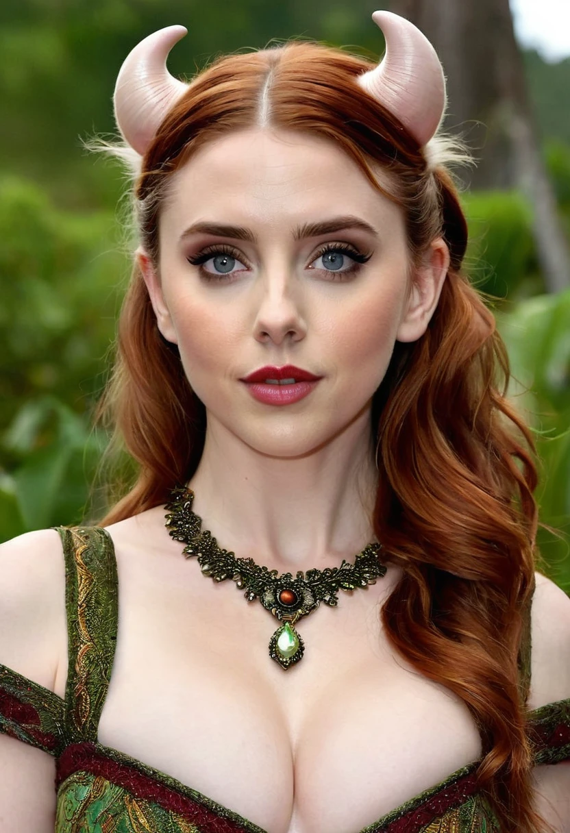 A Sexy mythical Humanoid creature called a firbolg. Unnatural red hair. Unnaturally thick eye brows.Snout like nose, large cow like ears. A long cow like tail. Feet like a pigs. Weareing hbeautiful handmade dress. Alison Brie, Scarlett Johanson, Dove Cameron