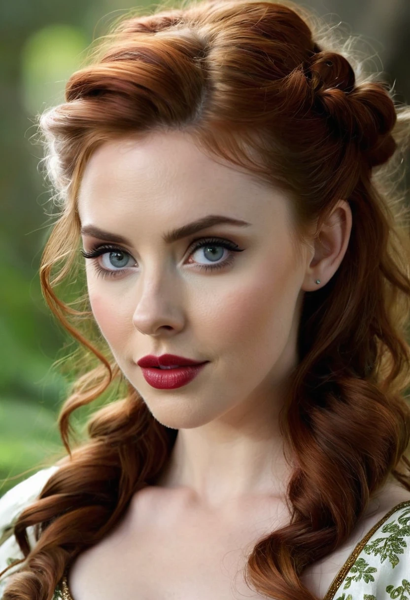 A Sexy mythical Humanoid creature called a firbolg. Unnatural red hair. Unnaturally thick eye brows.Snout like nose, large cow like ears. A long cow like tail. Feet like a pigs. Weareing hbeautiful handmade dress. Alison Brie, Scarlett Johanson, Dove Cameron