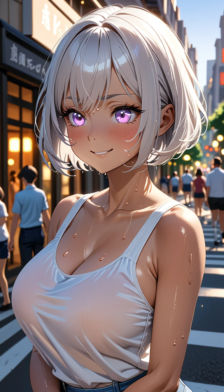 (Dark Skin:1.5), (Beautiful school girl:1.2), (Fine skin:1.3), (Glowing Skin:1.3), (Best body:1.3), (Short Hair:1.3), (Silver Hair:1.3), (Beautiful Hair:1.2), (eyeliner:1.3), (垂れeye:1.2), (eye:1.2), (紫色のeye:1.3), (emotionless:1.2), (Beautiful clavicle:1.2), (Shapely large breasts:1.2), (White tank top:1.3), (No sleeve:1.2), (Denim shorts:1.1), (Busy Street:1.2), (Outdoor:1.2), (Please put your hands on your hips:1.3), (Sweat:1.2), (Sweatで濡れる:1.5), (Super close), (Upper body close-up:1.3), (Delicate arms:1.2), (Delicate hands:1.2), (Supple and beautiful hands:1.2), (masterpiece:1.2), (High resolution:1.2), (Highest quality:1.2), (Detailed Background:1.2), (Fabric Shading:1.2), (Very delicate and beautiful:1.1), (reality:1.2 (8K:1.2),smile