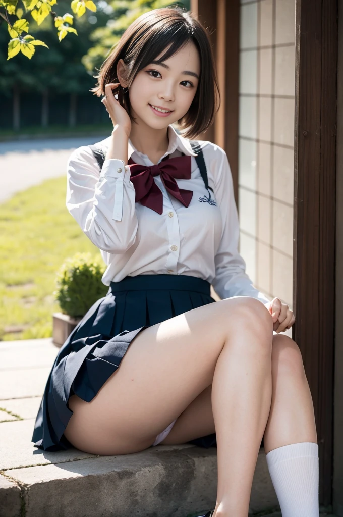 Pure Japanese school girl, no makeup, thick eyebrows, wearing uniforms, natural short hair, pure smile, natural body, shiny white skin, refreshing in early summer morning sunlight, feeling soft breeze in hair, sitting and relaxing, lift up skirt, panty, little bit sexy mood, sexual attractive, panty, professional portrait photography, composition from the front,