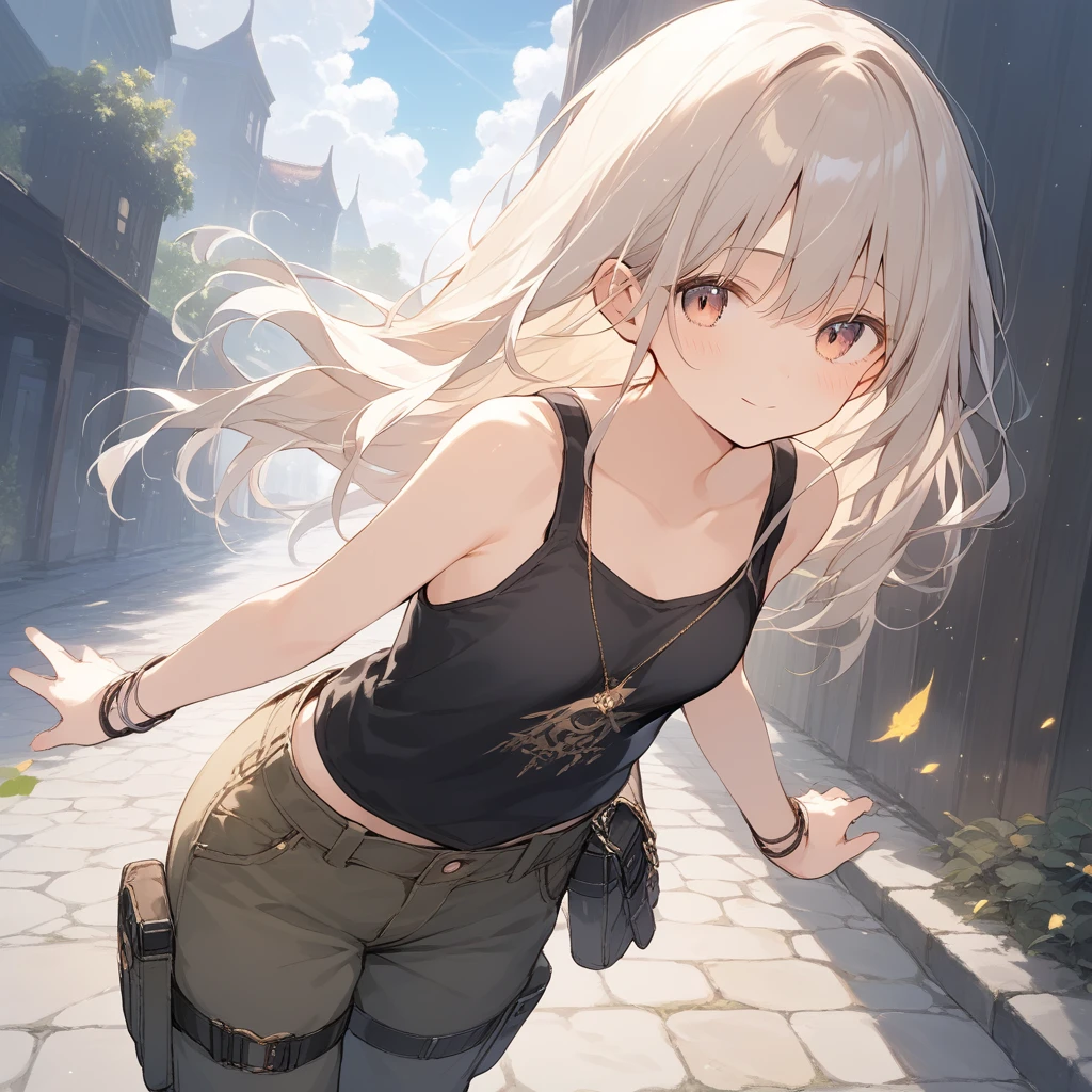 score_9, score_8_up, score_7_up, source_anime, best quality, masterpiece, official art, absurdres, highres, ultra-detailed,waifu2x,Collection: Slice of Life,break,1girl,fantasy world, small breasts, tank top, cargo pants, outdoors, wind, break,(clear line illustration:1.2),very high resolution, very aesthetic, super detailed skin, Best sexual lighting powered by famous artist, 8k,cute picture,beauty illustration,photoshop_(medium),,(Detailed Lighting),best anime 8k konachan wallpaper, pixiv contest winner,