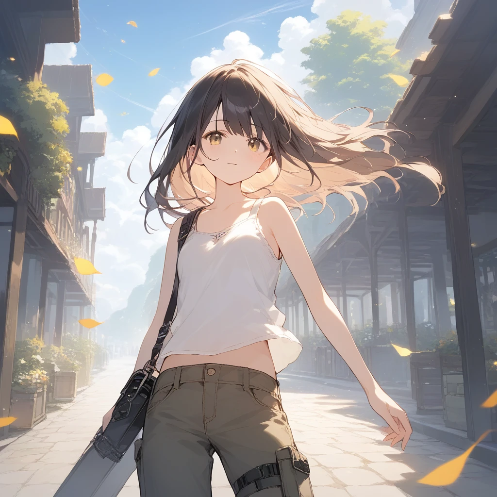 score_9, score_8_up, score_7_up, source_anime, best quality, masterpiece, official art, absurdres, highres, ultra-detailed,waifu2x,Collection: Slice of Life,break,1girl,fantasy world, small breasts, tank top, cargo pants, outdoors, wind, break,(clear line illustration:1.2),very high resolution, very aesthetic, super detailed skin, Best sexual lighting powered by famous artist, 8k,cute picture,beauty illustration,photoshop_(medium),,(Detailed Lighting),best anime 8k konachan wallpaper, pixiv contest winner,