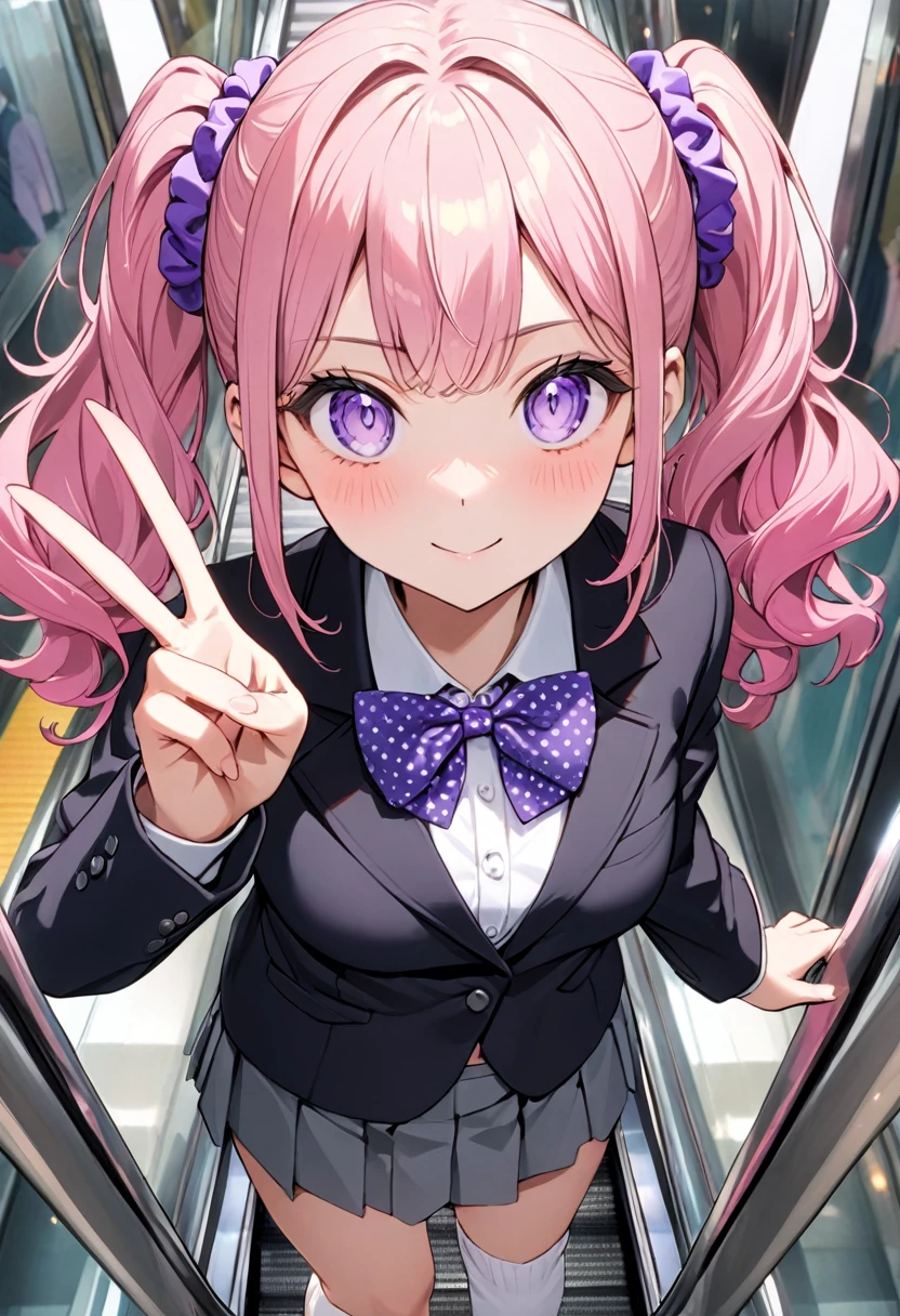 (8K, best quality, master piece: 1.2), super high resolution,1 girl,16yo,solo,1ultra-detailed face,detailed eyes,perfect hands, perfect fingers,sparkling pupils,Mascara,Bubblegum Pink hair,natural wave hair,twintails,amethyst Eyes,(scrunchie,blazer,Short pleated skirt),(gray:1.5),navel,polka-dot pattern bow tie,smaile,medium breasts,((loose white socks)),(making a peace sign),リムライト,standing on a down escalator,Look at Viewer