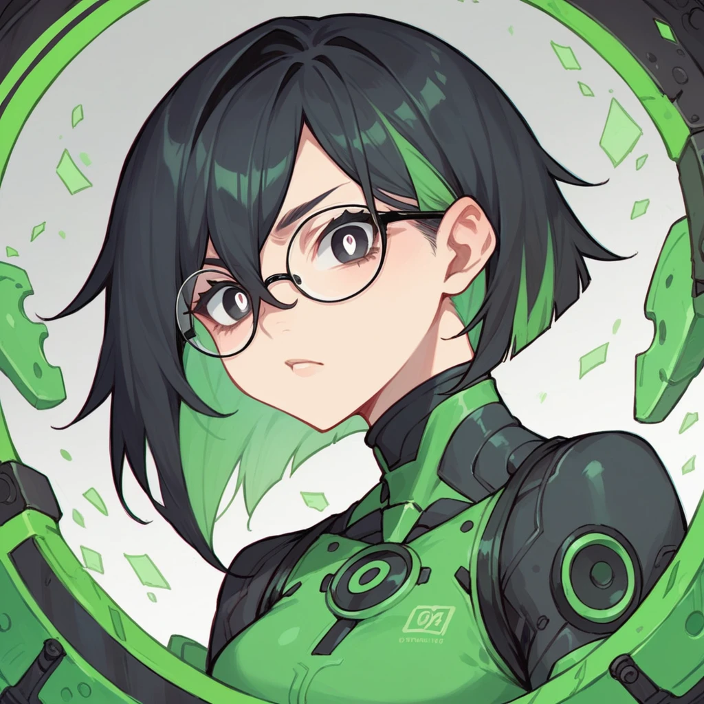 1girl, light skin, short green tousled hair with black highlights, black eyes, white pupils, black and green technological suit, expression, dark circles, anime style, digital art, glasses