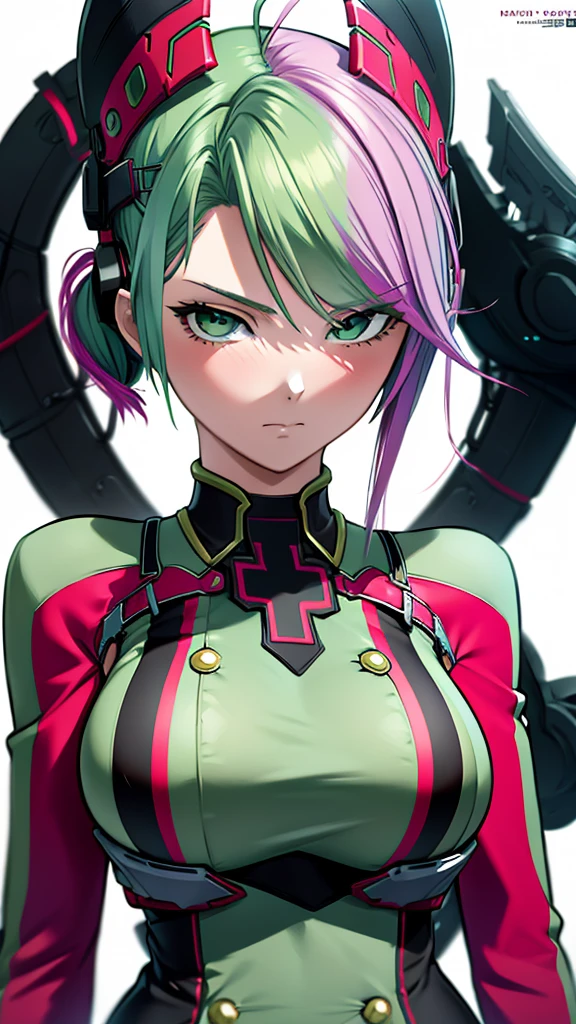 Highly detailed, anime, 2 girls, fuchsia colored hair, split-color hair, prinz eugen's hairstyle, sage-green colored hair, detailed eyes, busty, thicc body, special agent clothes, serious expression, twins