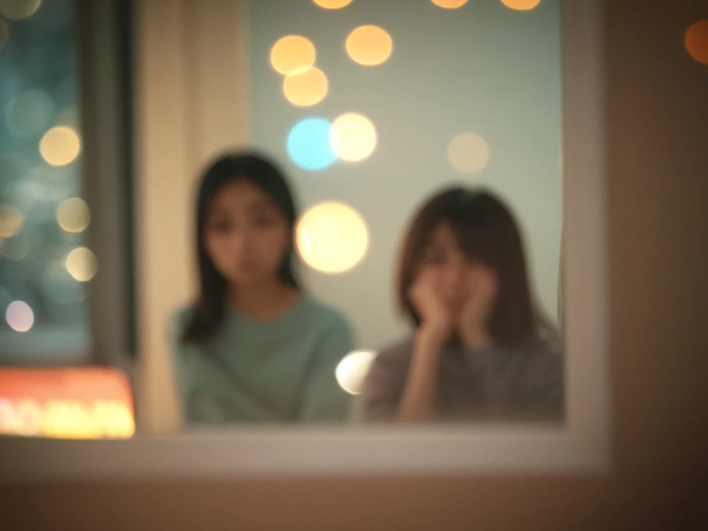 Voyeur , (old color negative film) , (soft focus:1.2) , (Bokeh:1.5) , woman , woman's messy room , (Activities of daily living) , underwear , looking away