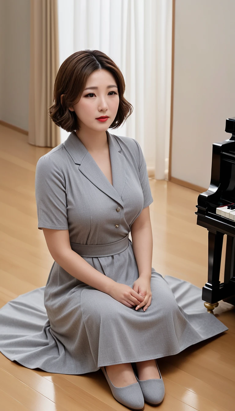 1woman,fullbody,from below,(masterpiece:1.7),photo-realistic,16k,(beautiful 40s japanese plump lady:1.3),(gray casual dress:1.5),slipper,(sitting,wide spread legs:1.3),(whimpering:1.2),(panicking:1.2),(crying:1.2),(room,flooring,piano:1.3),(wetting:1.5),(dripping pee:1.6),(crowd kids:1.3),(brown straight medium hair:1.2),black eyes,(huge breasts:1.2), makeup,lipstick,eyeliner,mascara,eyeshadow