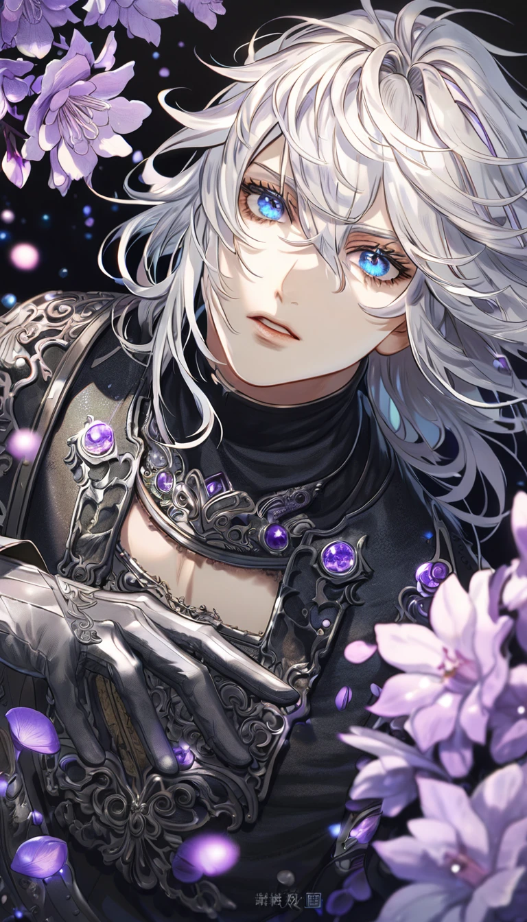 absurdres, highres, ultra detailed, HDR, master piece, best quality, Nier, white hair, medium hair, messy hair, expressive blue eyes, Nier Replicant, solo, sexy man, handsome, black clothes, silver gloves, fantasy, purple moon, purple flowers, purple blossoms, purple petals, fireflies