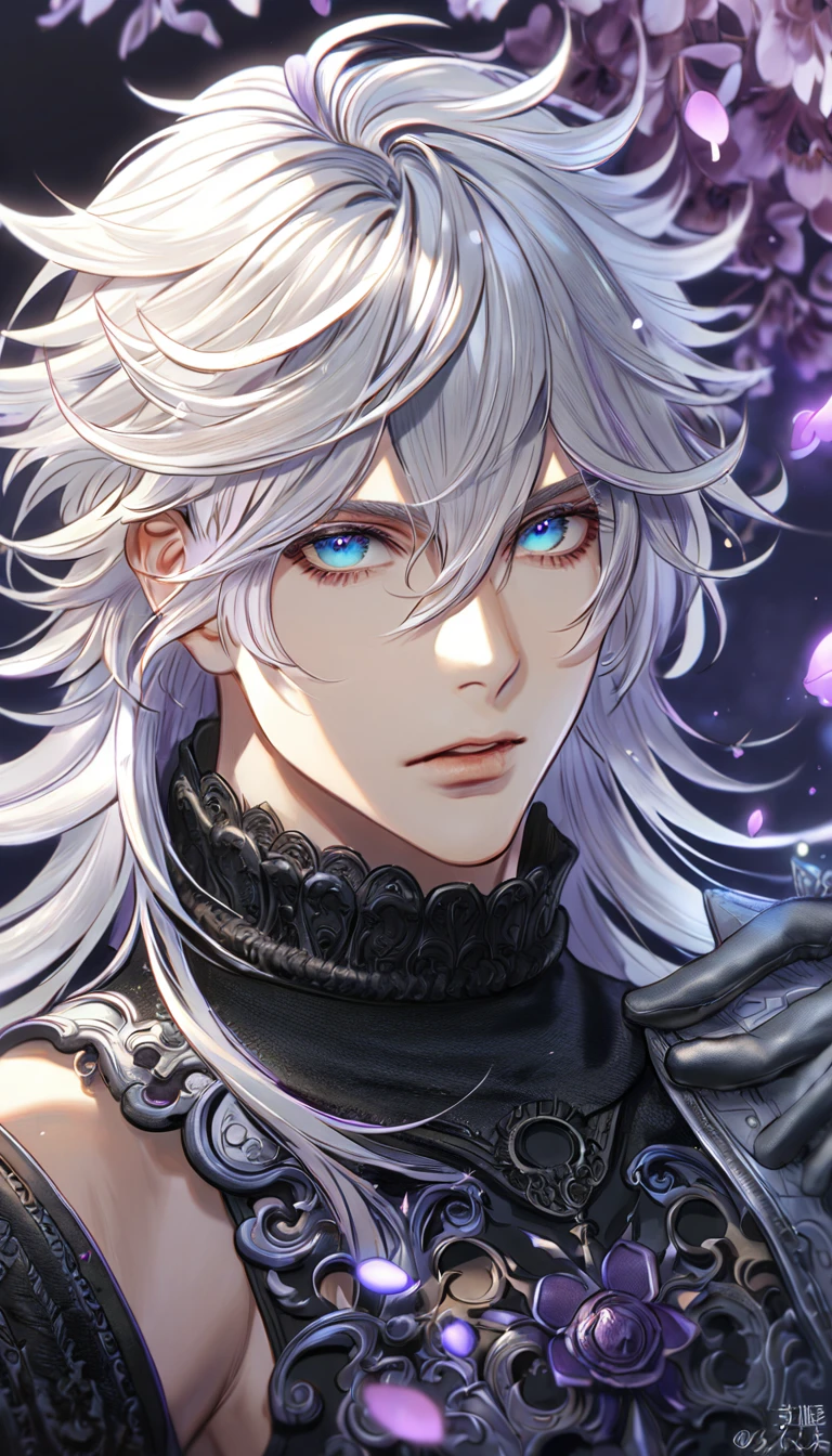 absurdres, highres, ultra detailed, HDR, master piece, best quality, Nier, white hair, medium hair, messy hair, expressive blue eyes, Nier Replicant, solo, sexy man, handsome, black clothes, silver gloves, fantasy, purple moon, purple flowers, purple blossoms, purple petals, fireflies