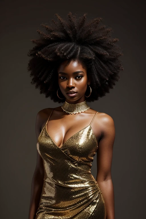 um close de uma mulher com um big afro hair usando um colar, afro, black female, big afro, afroamerican, Afrofuturistic, afro futuristic, with afro, Afrofuturist, afro hair, long afro hair, Beautiful woman, photo of a black female, black african princess, african american woman, afro futurism, stunning woman, dark skin wearing a long elegant dress with shiny details. She is in a photo studio with soft lighting that highlights her face and body.