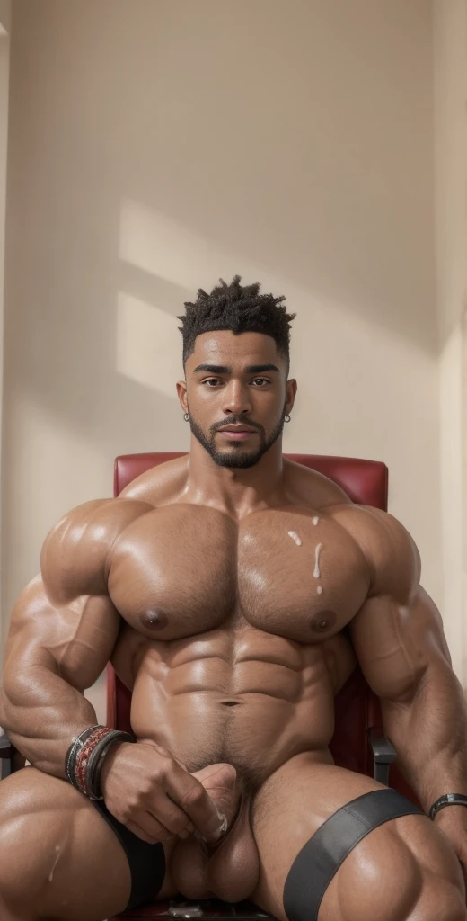 (masterpiece, intricately detailed, highest resolution, best quality:1.2), (doujin), a cocky African European Instagram influencer,a 24 y.o muscle stud with a muscular physique sitting on a chair with black eyes,dark-skinned male, wearing a ((open jacket, chav, armbands)), (excessive cum), (cum on body), (cum drip), flaccid penis,saggy balls,hairy chest,vascular,muscle striations,soft light,fantastic realism,