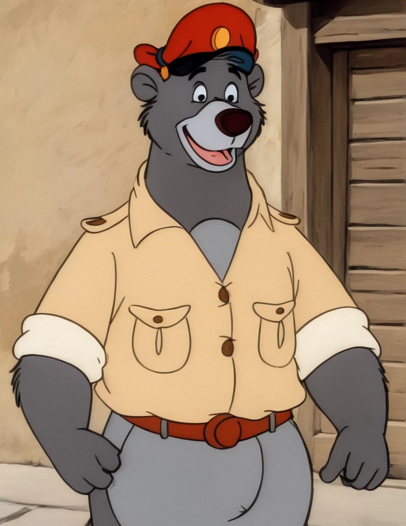 disney style cartoon,  1 boy, Baloo bear, cartoon, face, fluffy, It has, male focus, cap, red headdress, yellow shirt,bow tie, (Disney:1.4),( in the artistic style of Picasso:1.2), walking down the street, (comedy photo of the year), screenshot from the 1983 film,