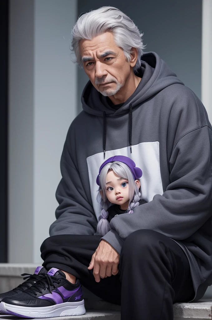 An emotion from the Disney film with fun gray skin and gray hair with purple tips in a black sweatshirt, black pants and black sneakers