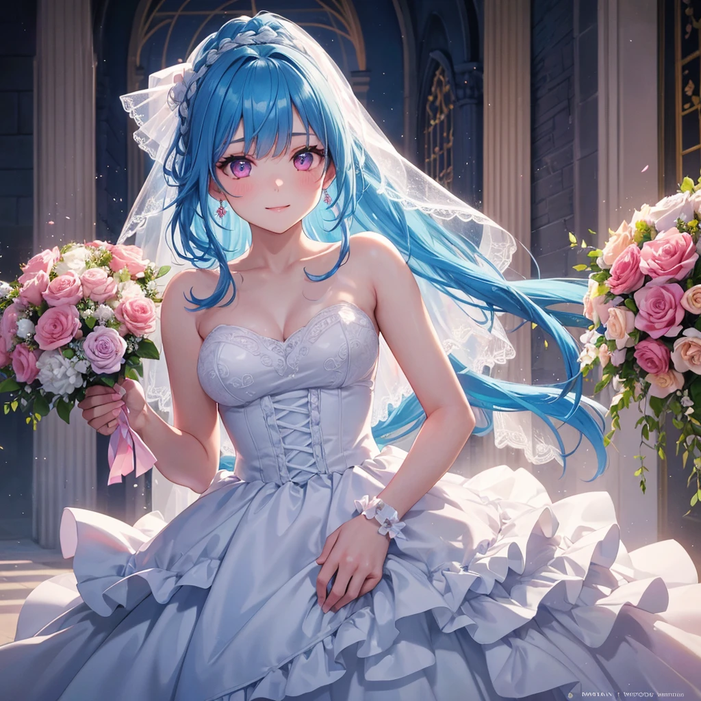 Sky blue hair, (Braided Ponytail),(Pink Eyes),Fair skin ,(whole body),(One girl),bride,A big smile,Straight bangs, 6月のbride,Wedding dress,(masterpiece, Highest quality, Very detailed, Best Shadow), (Detailed Background), (Beautifully detailed face), High Contrast, (Best lighting, Very delicate and beautiful), ((Cinematic Light)), colorful, Hyper Detail, Dramatic Light, Intricate details,Chapel background,Big bouquet of roses