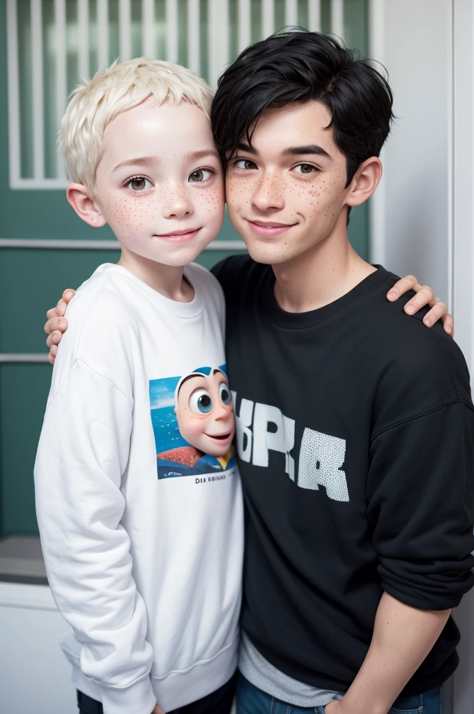 I want a photo of a pixar couple. One with short black hair and freckles, on white skin e um menino com cabelo cacheado volumoso loiro, with freckles and sweatshirt, on white skin