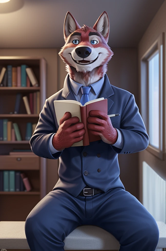 Ivan Fedorovich Wolfbach (Novosibirsk) ,tall handsome, wolf,young, 24 years, brown fur,Kind,(red body:1.3),beautiful blue eyes,Novosibirsk,dressed, shirt, purple tie, trousers, , wolf, detailed fur, male,paw pads, finger claws,At the viewer, 5 fingers, paws, 5 fingers, smile, wrist watch, т nextel,by xenoforge, (difficult, high detail, digital photography, soft focus, RAW variety вкдущий передачи,Very close to the camera, variety,Novosibirsk, smile, good mood, positive, Very close to the camera, is sitting, poet of books, is sitting за компьютером столом, apartment, holding a pen,
Photorealism, realistic, digital style, Subsurface tering,I look at the viewer,smdit writes a book, a glass of water, handle, paper,
masterpiece, Best quality, ultra realistic, 8 thousand.)