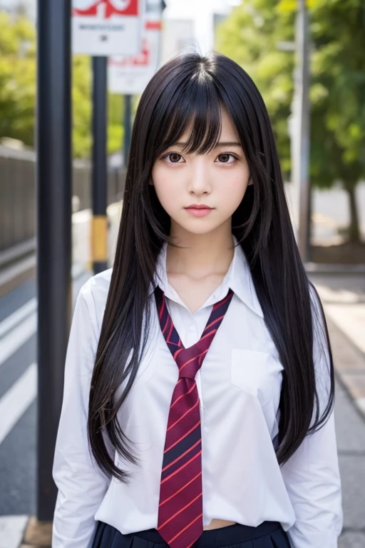 Japanese high school girl, black hair, neatly arranged long straight hair, bangs are arranged, stands ?????, expressionless,