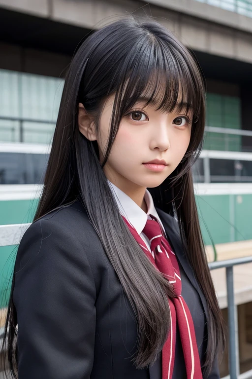 Japanese high school girl, black hair, neatly arranged long straight hair, bangs are arranged, stands erect, expressionless, 