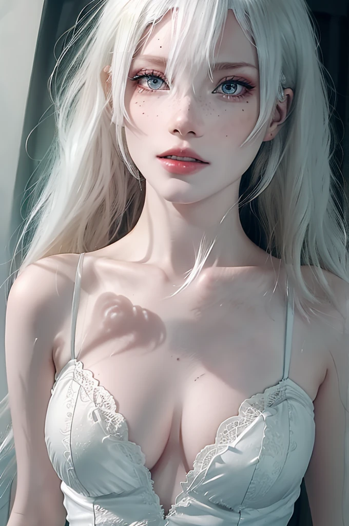 1 beautiful albino woman. Extremely slender, new, with freckles, symmetrical body, fully body, high quality 16k, hyper realist, cinematographic.