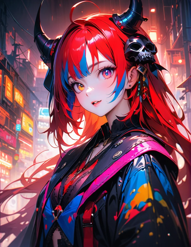 quality(8k wallpaper of extremely detailed CG unit, masterpiece, hight resolution, top-quality, top-quality ,hyper realisitic, digitial painting,increase the resolution,RAW photos,best qualtiy,highly detailed,the wallpaper),BREAK,8K, Kuromi girl, full face, mixed color eyes, colorful makeup, white skin, red long hair, jewelry, black skull tattoos, black dress