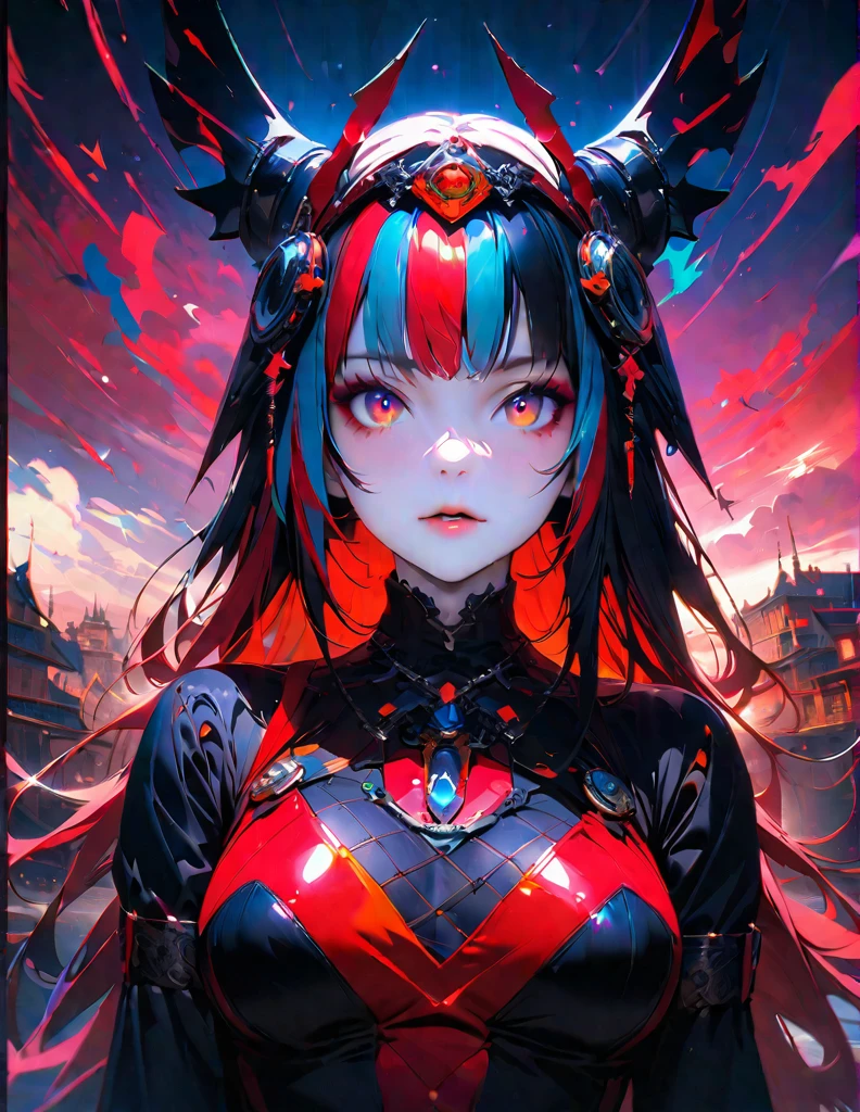 quality(8k wallpaper of extremely detailed CG unit, masterpiece, hight resolution, top-quality, top-quality ,hyper realisitic, digitial painting,increase the resolution,RAW photos,best qualtiy,highly detailed,the wallpaper),BREAK,8K, Kuromi girl, full face, mixed color eyes, colorful makeup, white skin, red long hair, jewelry, black skull tattoos, black dress