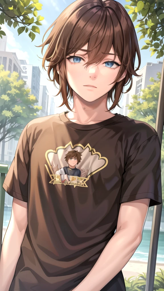 masterpiece, best quality, high quality, 1boy, solo, -yeld boale focus, looking at viewer , brown hair, old-school swoop haircut,upper body , while T-shirt,emerald eyes,