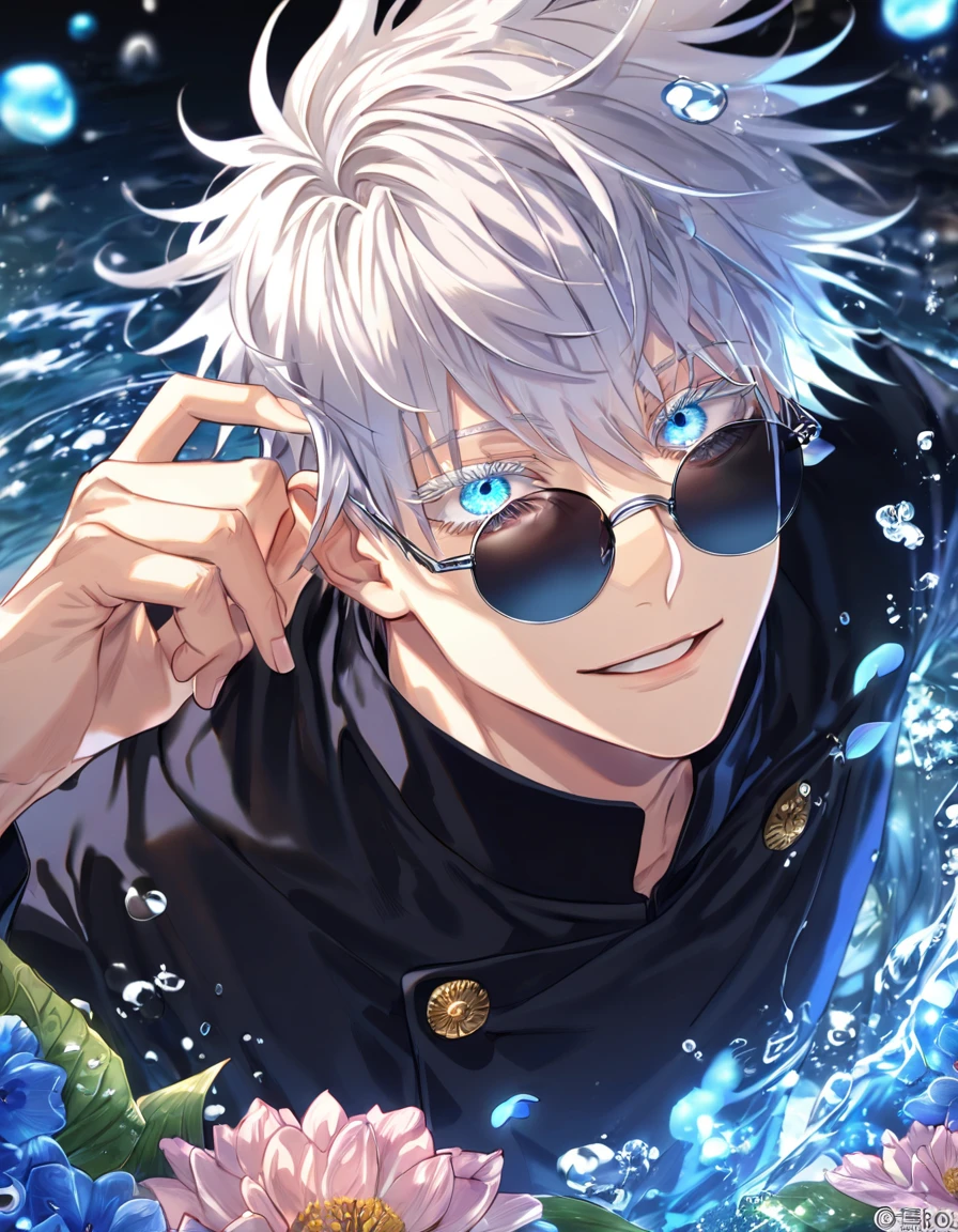 absurdres, highres, ultra detailed, HDR, master piece, Gojou Satoru, white hair with bangs, white eyelashes, expressive blue eyes, hair between the eyes, black shirt, Jujutsu Kaisen, man, handsome, best quality, blue moon, flowers, fantasy, magical, solo, water, blue shining fireflies, blue petals, Jujutsu Kaisen uniform, black round sunglasses, handsome smile, black pants