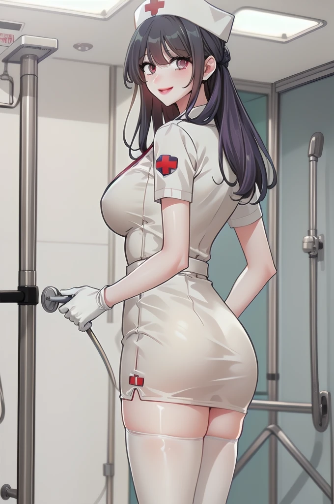 1woman, solo, nurse, nurse cap, white wear, ((white legwear, zettai ryouiki)), white gloves, long hair, purple hair, red eyes, pink lips, smile, standing, ((hospital room)), sharp outline, short sleeves, mature female, 35 years old, best quality, masterpiece