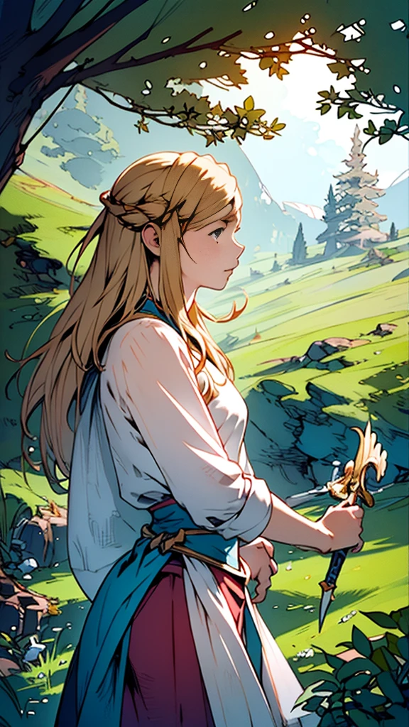 botw、profile、Link、Upper Body、look up、Plainale体型、male、1 person、solo、Masterpiece、Master Sword、Highest quality、forest