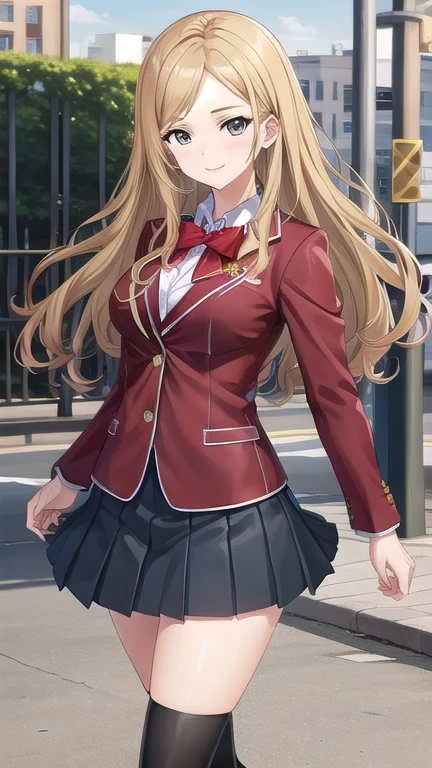 ((masterpiece)),(best quality),official art,extremely delicate and beautiful,extremely detailed CG,unity 8k wallpaper,ultra detailed,beautiful detailed eyes,extremely detailed face,outdoors,1girl,solo,cowboy shot,looking at viewer,facing viewer,smile,Kuhouin Arisa,long wavy blond hair,sidelocks,parted bangs,brown eyes,,blazer,black jacket,wing collar,red bowtie,white shirt,collared shirt,long sleeves,large breasts,buttons,miniskirt,black skirt,pleated skirt,black thighhighs,loafers,black footwear,