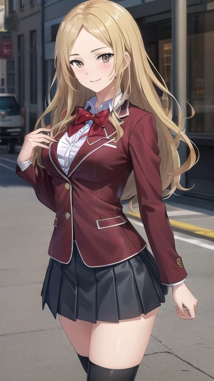 ((masterpiece)),(best quality),official art,extremely delicate and beautiful,extremely detailed CG,unity 8k wallpaper,ultra detailed,beautiful detailed eyes,extremely detailed face,outdoors,1girl,solo,cowboy shot,looking at viewer,facing viewer,smile,Kuhouin Arisa,long wavy blond hair,sidelocks,parted bangs,brown eyes,,blazer,black jacket,wing collar,red bowtie,white shirt,collared shirt,long sleeves,large breasts,buttons,miniskirt,black skirt,pleated skirt,black thighhighs,loafers,black footwear,