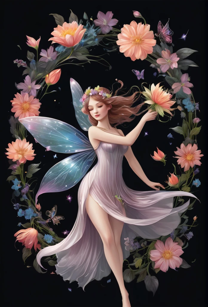 there's a fairy,she holding a beautiful flower, she's levitating,big beautiful flowers around her,pitch black background,(high quality),(refined details),(delicate details),(fantasy illustration)