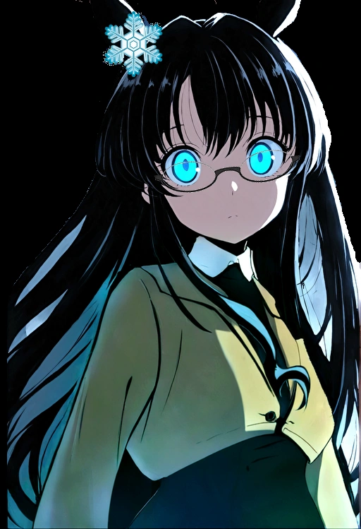 Anime Girls with blue eyes and black hair with a white flower in her hair, Anime Moe Art Style, gothic maiden Anime Girls, Her eyes have black anime pupils, With glowing eyes, 1 7 year old anime girl, Anime Girls wearing a black dress, With ghostly eyes and glasses, With big bright sad eyes, Glowing blue eyes, (Anime Girls)　Brown trench coat　Celebrities　Female CEO