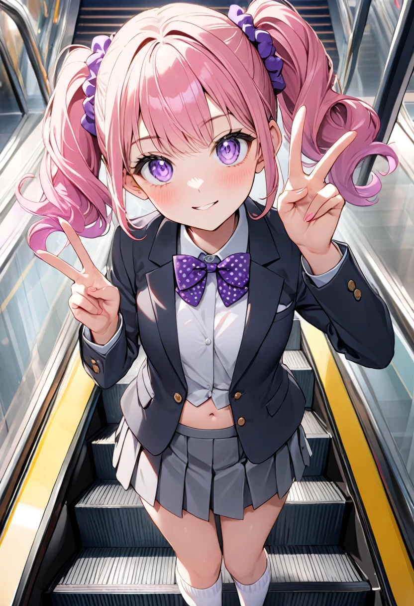 (8K, best quality, master piece: 1.2), super high resolution,1 girl,16yo,solo,1ultra-detailed face,detailed eyes,perfect hands, perfect fingers,sparkling pupils,Mascara,Bubblegum Pink hair,natural wave hair,twintails,amethyst Eyes,(scrunchie,blazer,Short pleated skirt),(gray:1.5),navel,polka-dot pattern bow tie,smaile,medium breasts,((loose white socks)),(making a peace sign),リムライト,standing on a down escalator,Look at Viewer
