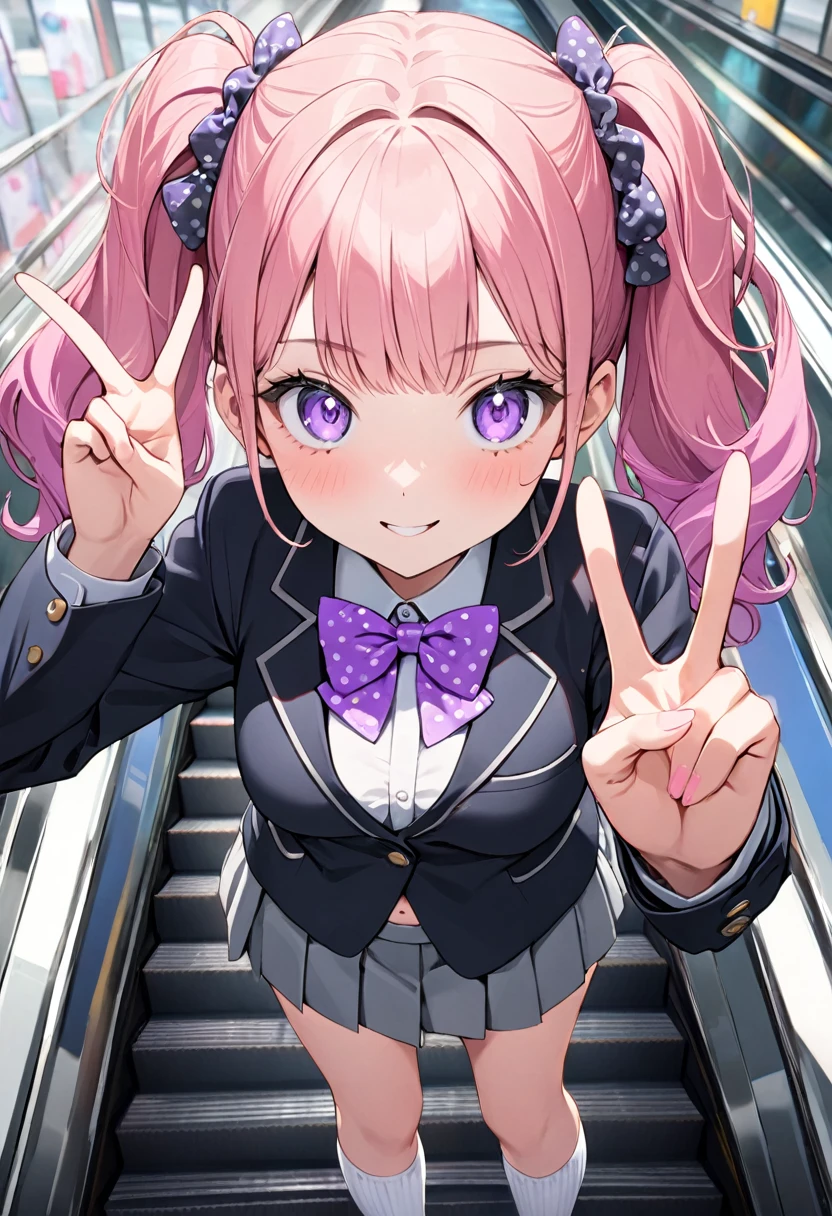 (8K, best quality, master piece: 1.2), super high resolution,1 girl,16yo,solo,1ultra-detailed face,detailed eyes,perfect hands, perfect fingers,sparkling pupils,Mascara,Bubblegum Pink hair,natural wave hair,twintails,amethyst Eyes,(scrunchie,blazer,Short pleated skirt),(gray:1.5),navel,polka-dot pattern bow tie,smaile,medium breasts,((loose white socks)),(making a peace sign),リムライト,standing on a down escalator,Look at Viewer