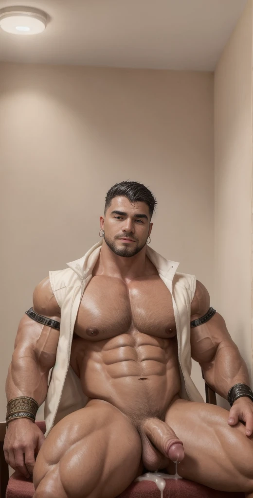 (masterpiece, intricately detailed, highest resolution, best quality:1.2), (doujin), a cocky German onlyfans star,a 24 y.o muscle stud with a muscular physique sitting on a chair with black eyes,dark-skinned male, wearing a ((open jacket, chav, armbands, piercings)), (excessive cum), (cum on body), (cum drip), flaccid penis,saggy balls,hairy chest,vascular,muscle striations,soft light,fantastic realism,