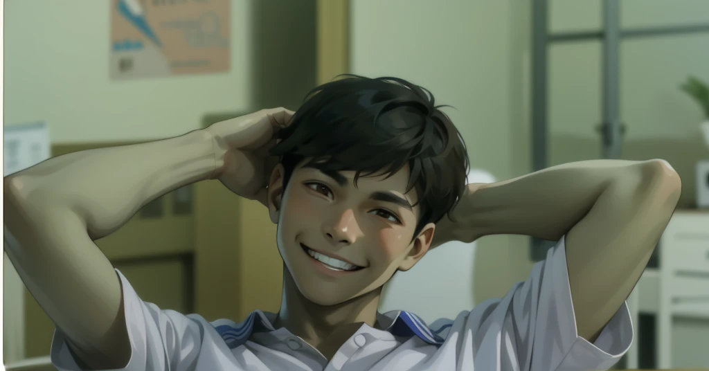A smiling young man of 17 years old, brown hair, brown eyes, is sitting in the classroom, he holds his head and smiles, he speaks mischievously.
